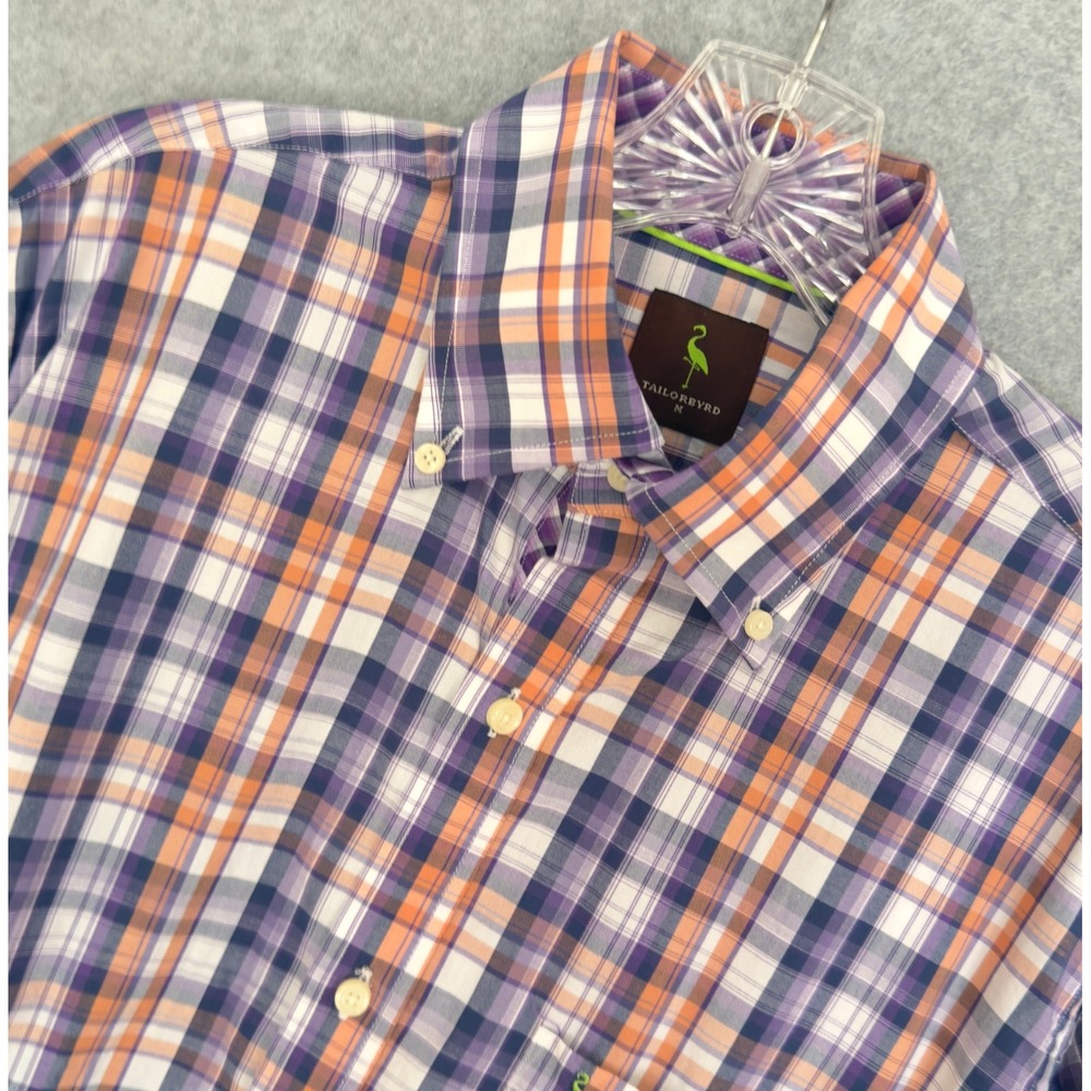 Tailorbyrd Button Down Men Medium Purple Orange Plaid Flamingo Long Sleeve Shirt